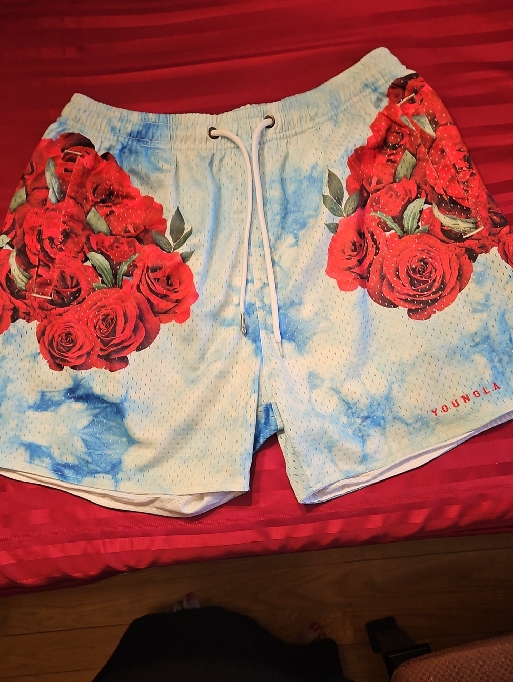 YoungLA Light Blue Tie-Dye Athletic Shorts with Red Rose Print